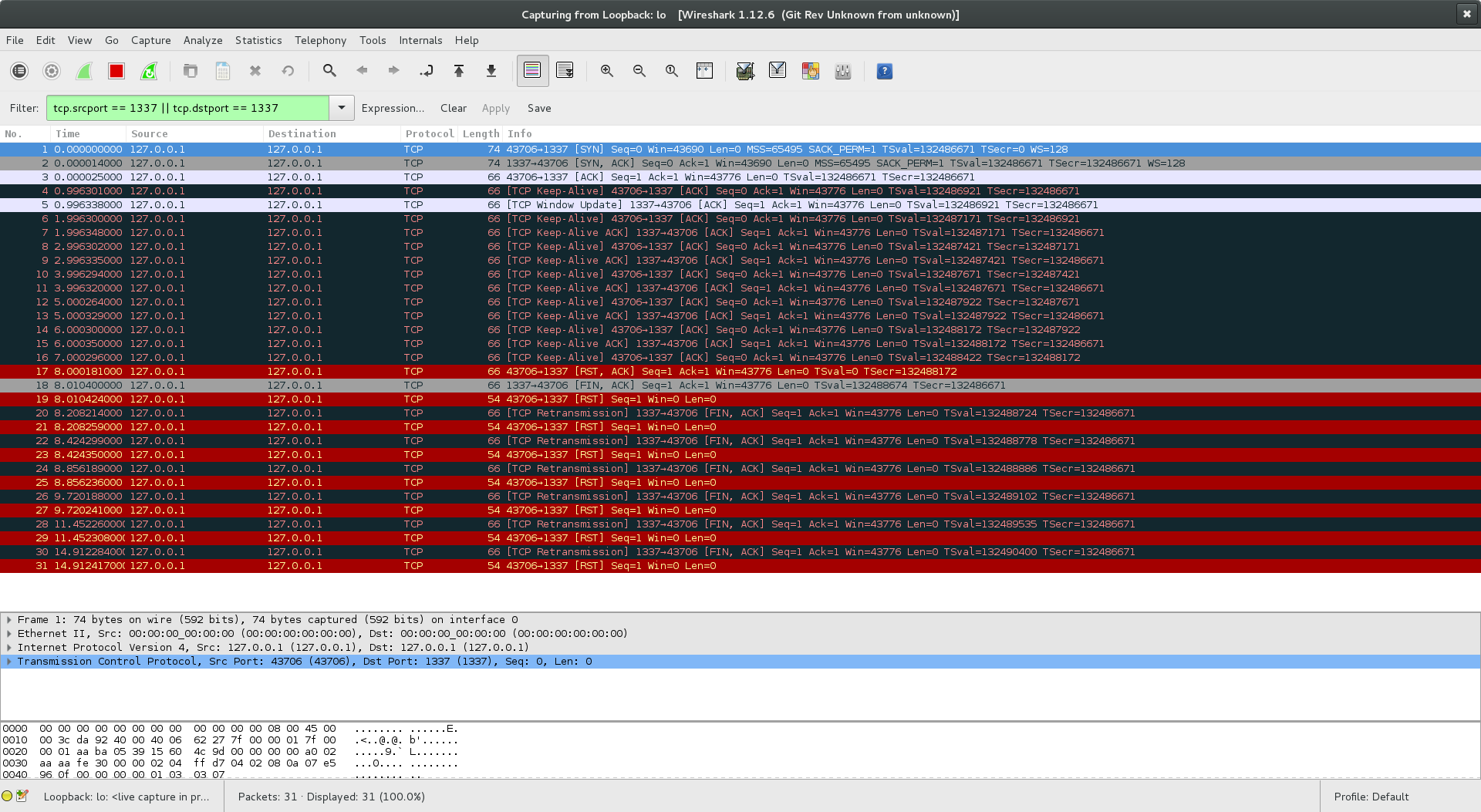 Wireshark screenshot KEEPALIVE
